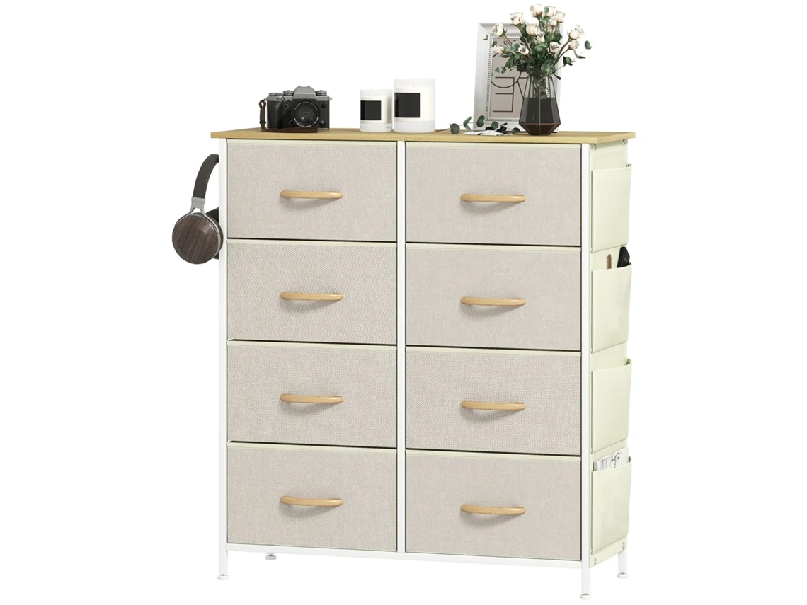 Cómoda 8 Cajones Tela Tapa Madera Bolsillos Ganchos Beige