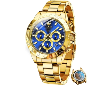 VEANXIN Reloj automático para hombre con calendario, acero inoxidable, luminoso, resistente al agua(azul dorado)