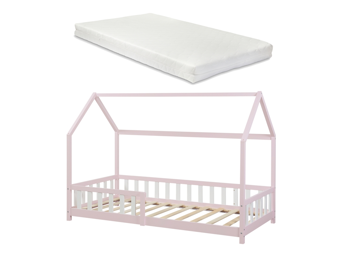 Cama infantil Hesel en forma de casa con reja y colchón 90x200cm - Rosa [EN.CASA]