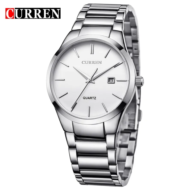 Reloj de pulsera analógico de cuarzo para hombre con pantalla de fecha, totalmente de acero inoxidable (blanco plateado).