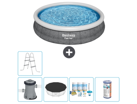 Piscina hinchable redonda Fast Set BESTWAY - Estampado ratán - 366 x 76 cm - Bomba incluida Cubrir - Paquete de mantenimiento - Filtrar - Escalera