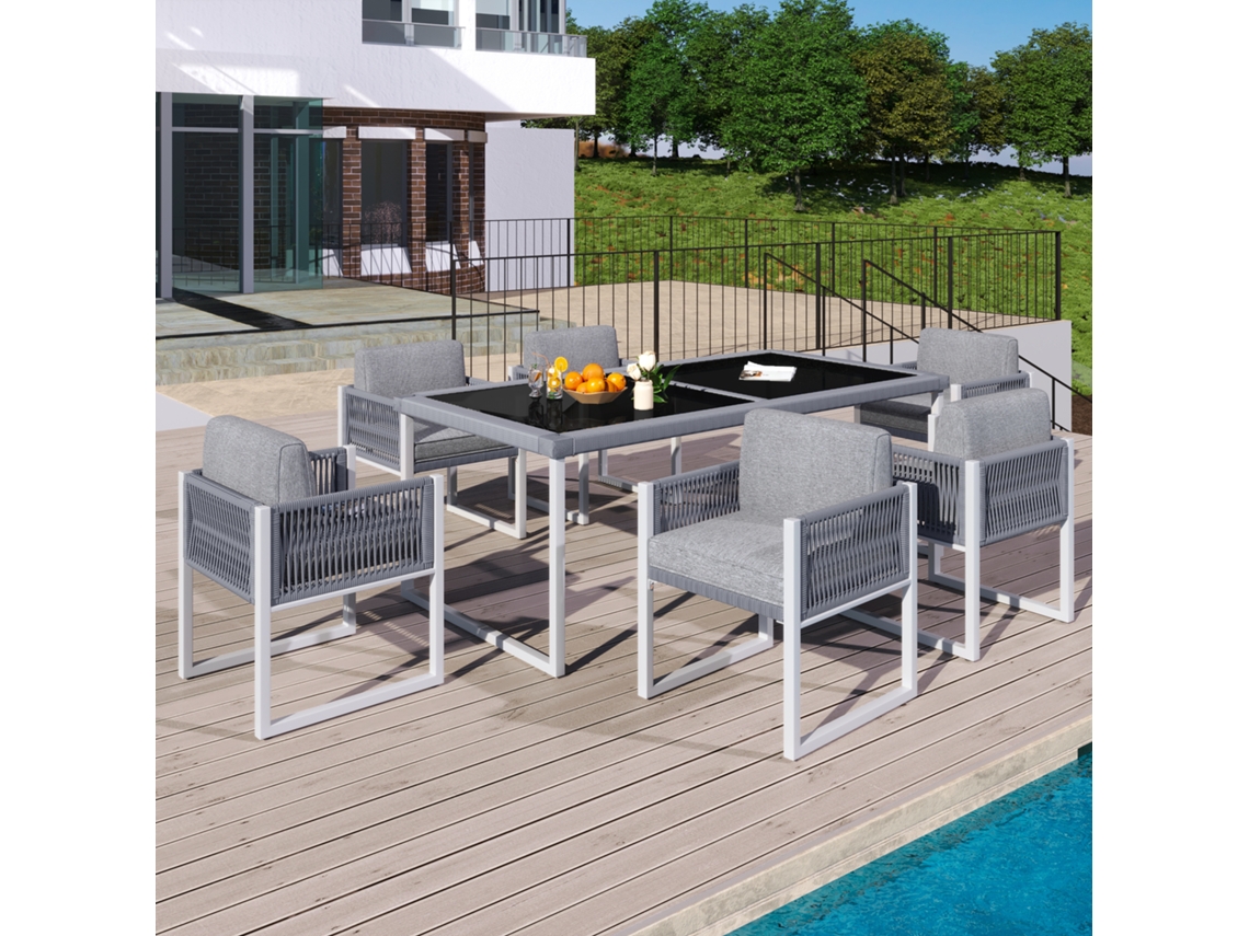 Juego de Comedor de Jardín para 6 Personas 6 Sillas 1 Mesa Estructura de Hierro Galvanizado en Tela Desmontable y Lavable Estilo Gris