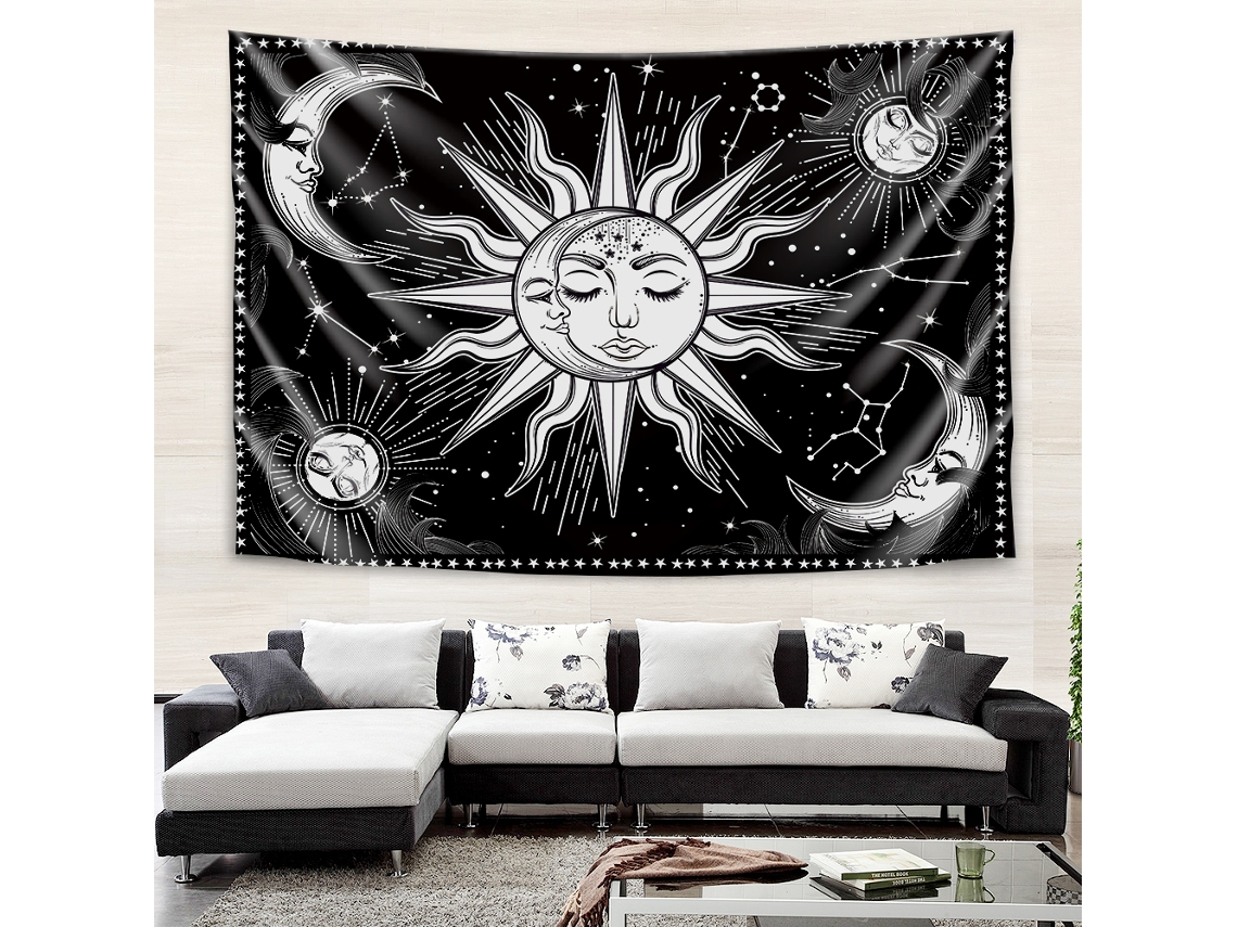 Tapiz estético Sol y Luna en blanco y negro para dormitorio y sala de estar 150x200cm