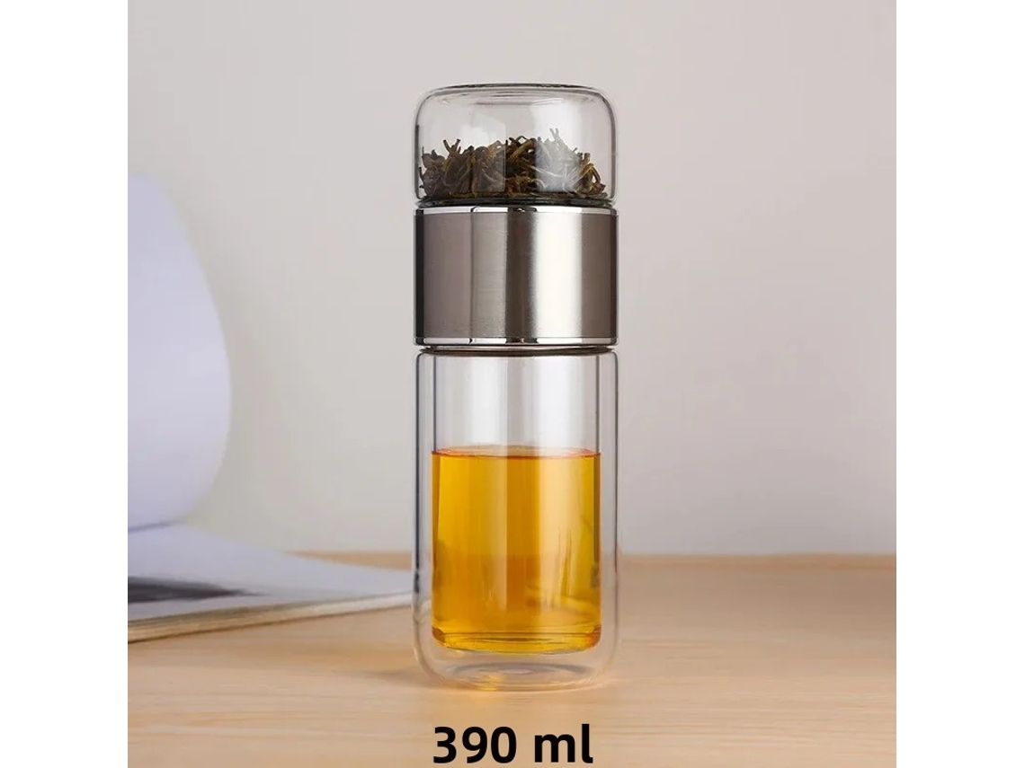 Botella de agua de vidrio de borosilicato de 420 ml con filtro y vaso de doble pared. Mdug (plateada)