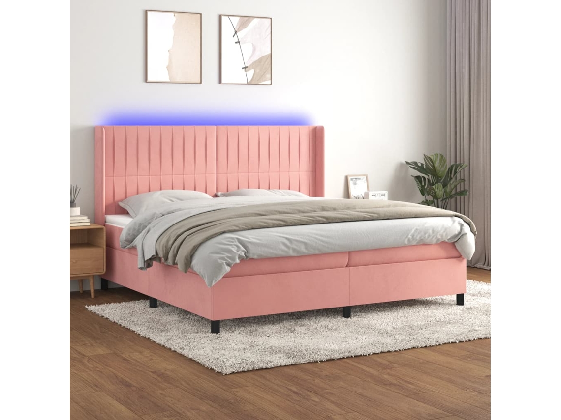 Cama Box Spring Colchón Y Led Terciopelo Rosa 200x200 Cm