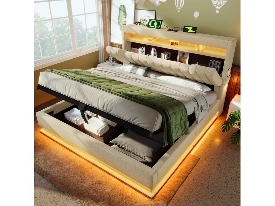 Cama De 160x200 Con Cabecero, Almacenamiento, Usb-c, Iluminación Led Y Diseño En Lino Color Beige.