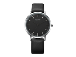 Reloj De Pulsera De Cuarzo Rebirth Para Mujer, Correa De Piel Sintética Negra, Esfera Negra, Caja Blanca.