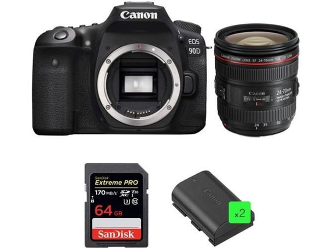 Kit Cámara Réflex CANON EOS 90D + EF 24-70mm f/4L IS USM + SanDisk 64GB + 2 LP-E6N