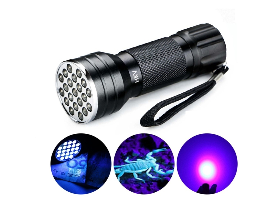 Linterna con 21 LED y luz UV de 395nm.