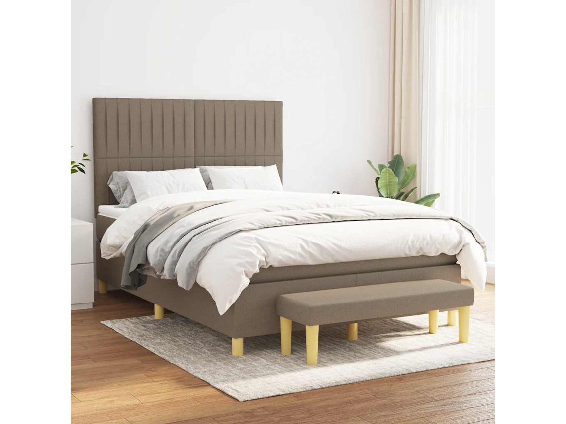 Cama Box Spring Con Colchón Tela Gris Taupe 140x190 Cm