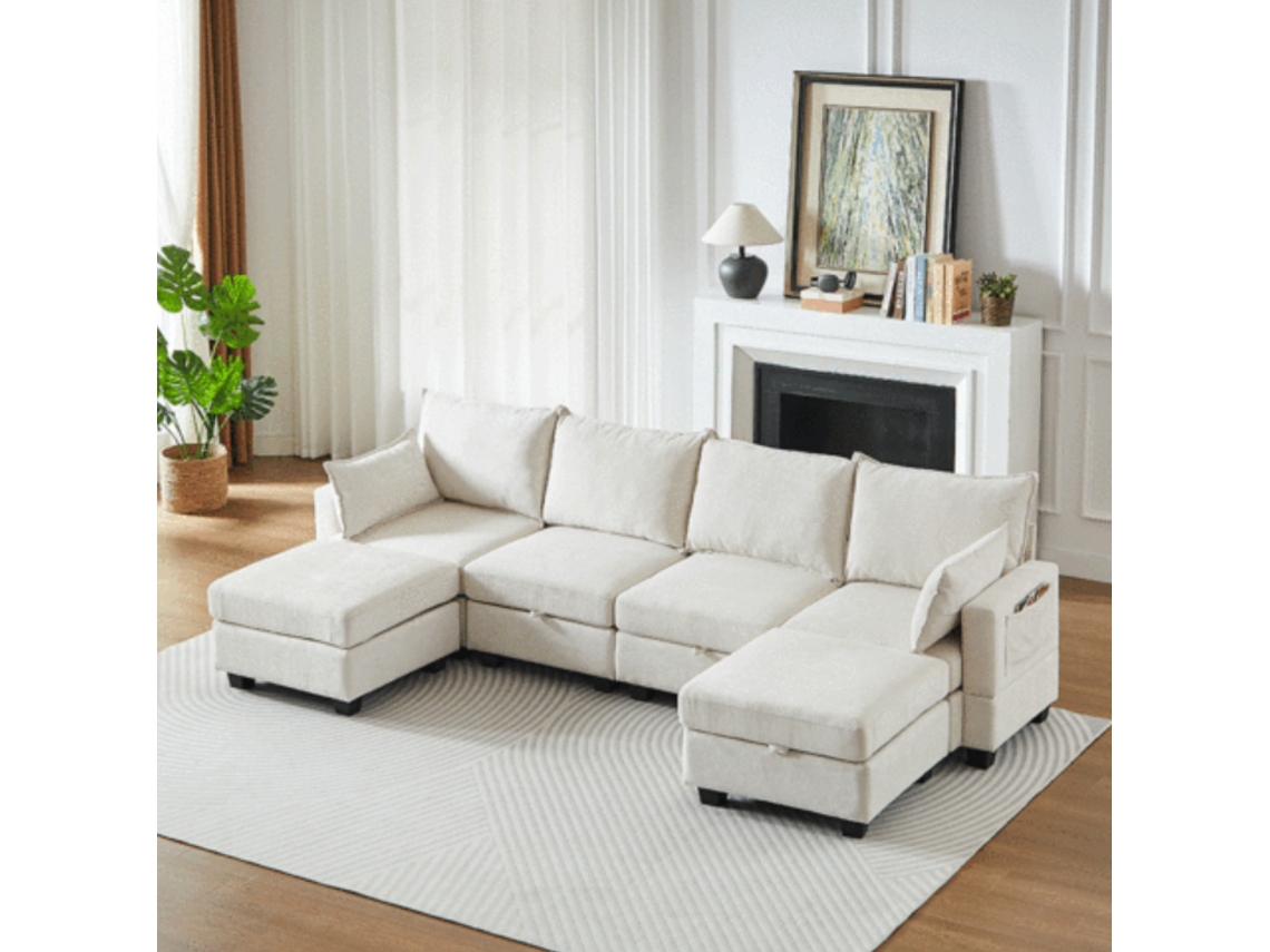 Sofá Modular 6 Plazas - U, Chaise Longue, Almacenamiento, Chenilla - Beige