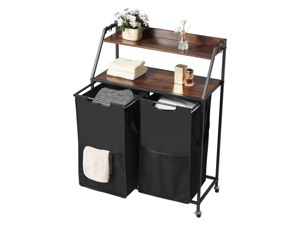 Cesta para la ropa succebuy con 2 compartimentos, bandeja de madera y ruedas, color negro