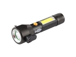Linterna LED recargable de alta potencia 10W 450 lúmenes con tres modos y martillo de seguridad.
