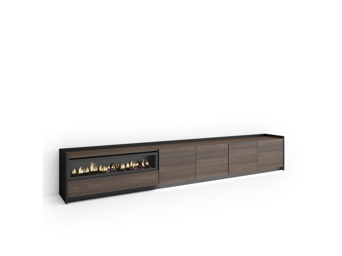 Mueble para TV, 310x37x50cm, para televisores de hasta 80'', chimenea eléctrica, LED, roble oscuro y negro.
