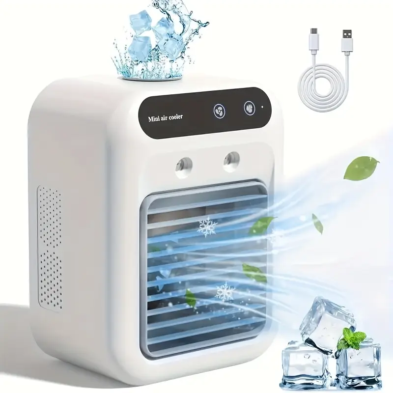 Mini aire acondicionado humidificador de mesa con funciones de enfriamiento y humidificación, color blanco