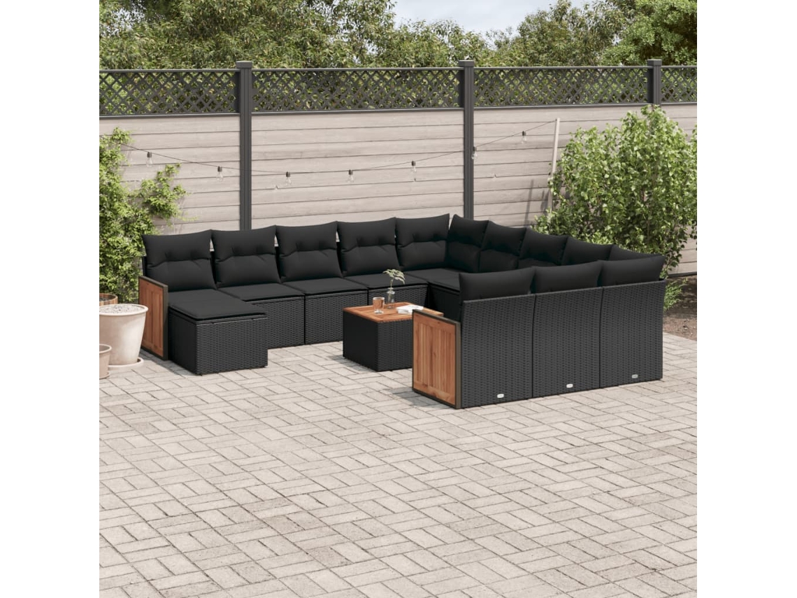Conjunto de sofá de jardín de 13 piezas con cojines de mimbre sintético negro, Dkd Home Decor