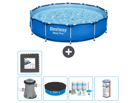 Piscina BESTWAY Round Steel Pro - 305 x 76 cm - Azul - Bomba incluida Cubrir - Paquete de mantenimiento - Filtrar - Baldosas
