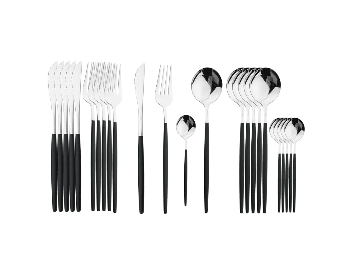 (negro Y Plateado) Juego De Cubiertos De Acero Inoxidable De 24 Piezas, Que Incluye Cuchillo, Cuchara Y Tenedor.