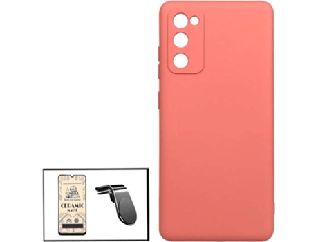 Kit Cristal Templado CeramicGlass Full Cover, Funda Silicona y Soporte Magnético L Safe Driving Coche Samsung Galaxy F02s PHONECARE Rosa