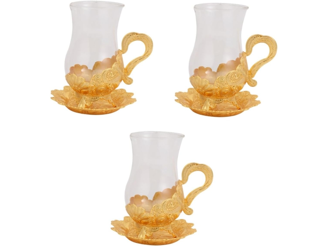 Juego De 3 Tazas De Café De Vidrio Y Aleación De Zinc - Elegante Juego De Bebidas