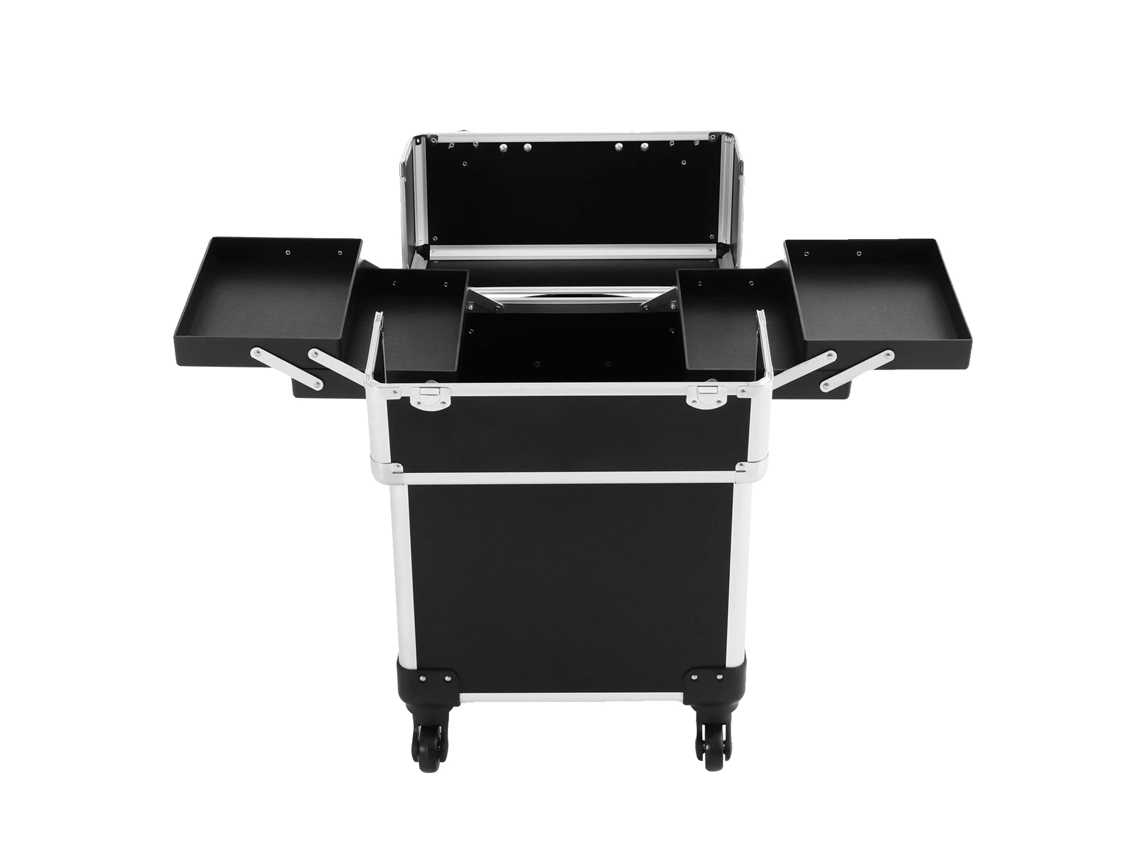 Carrito de maquillaje, construcción duradera, diseño portátil, negro.