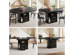 Mesa De Comedor Extensible Redonda A Ovalada 118-158 Cm, Hasta 6 Personas, 3 Niveles De Almacenaje, Negra