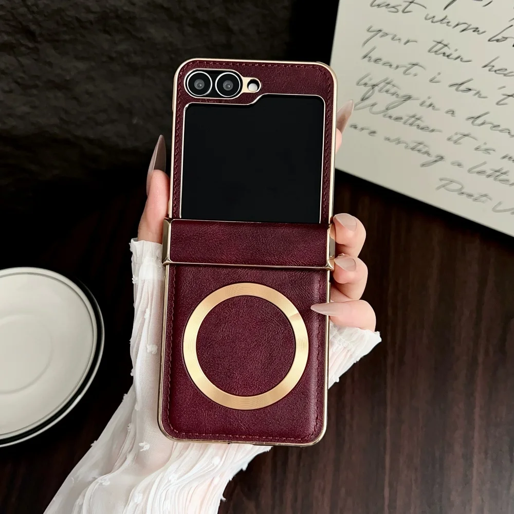 (rojo, Galaxy Z Flip4) Funda Protectora Magnética De Cuero Galvanizado, Marco A Prueba De Golpes Y Funda Protectora De Bisagra