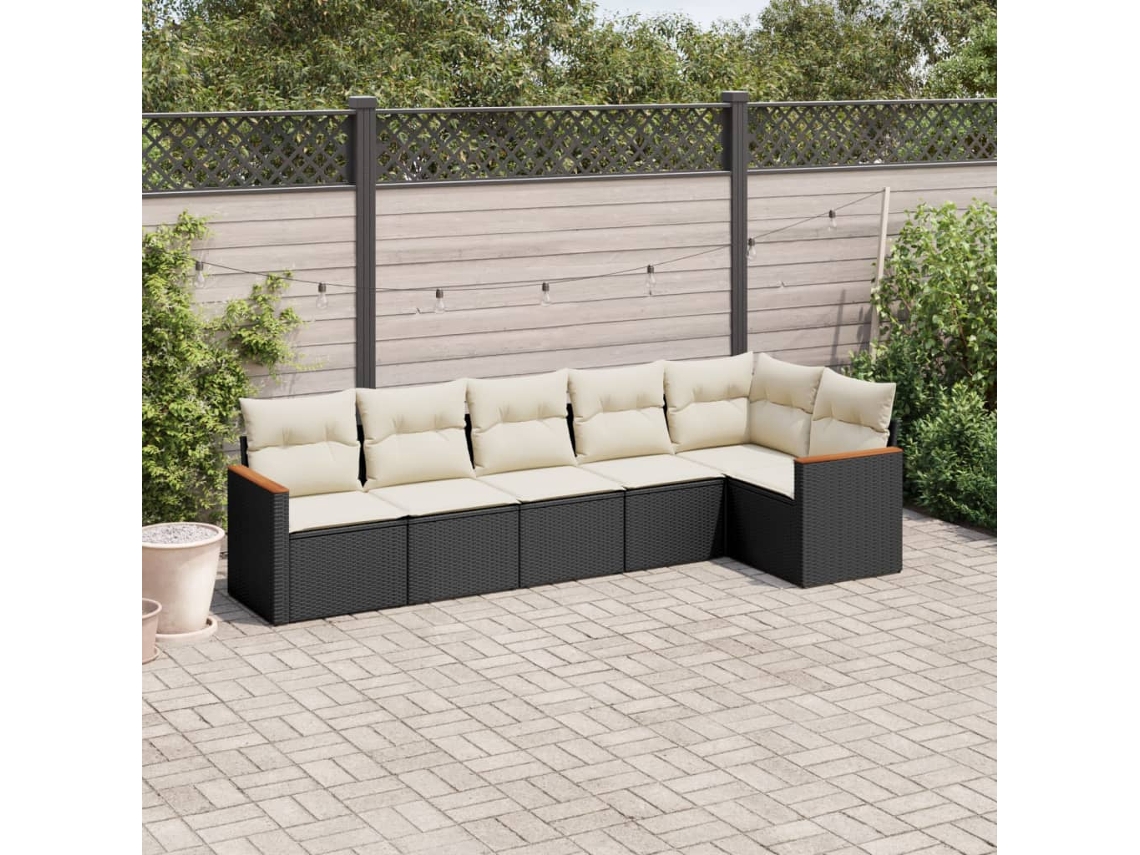 Conjunto de sofá de jardín de 6 piezas con cojines, mimbre sintético negro, DKD Home Decor