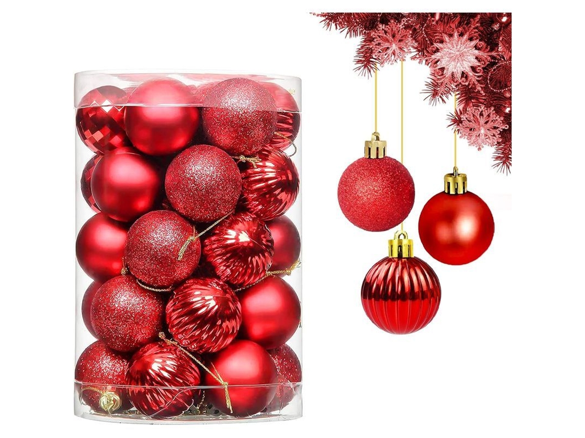34 Adornos Navideños De Plástico Rojo, Bolas Decorativas Para Árbol De Navidad, 4 Cm, Con Ganchos Removibles