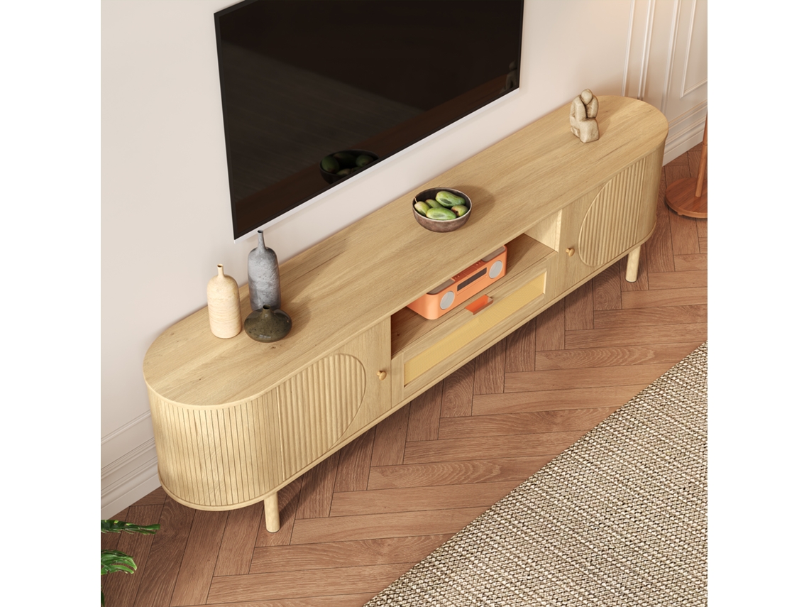 Mueble Tv - Diseño Moderno - Con Cajones De Ratán, Estantes Abiertos, Y Patas Metálicas En Acabado Madera - Natural