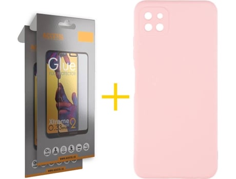 Funda y Protector de Vidrio Full 2 x Samsung Galaxy A22 5G ACCETEL Silicona Líquida Rosa Crema
