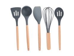 Juego JEIIBRZUI de 5 utensilios de cocina con mango de madera, incluyendo colador, cuchara para sopa, espátula, batidor y cuchara ranurada