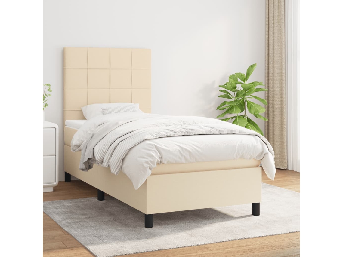 Cama Box Spring Con Colchón Tela Color Crema 80x200 Cm