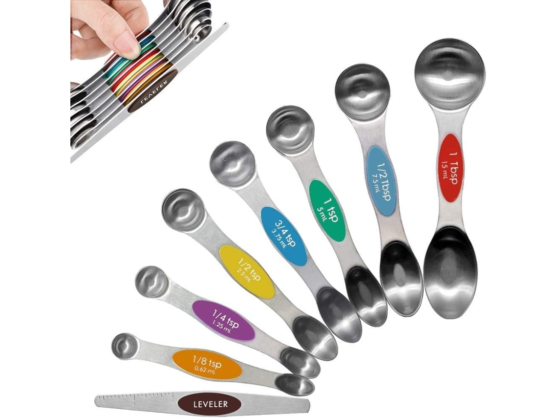Juego de 8 cucharas medidoras de acero inoxidable para ingredientes secos y líquidos (de colores)