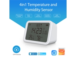 Sensor Wifi Inteligente 4 En 1 Tuya Con Pantalla Lcd, Monitorización De Temperatura, Humedad Y Luz, Y Alarma Para El Hogar Y El Dormitorio.