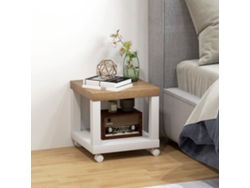 Mesa auxiliar con ruedas y estante abierto, para sofá/sala de estar/dormitorio, 40x40x40cm, color natural y blanco.