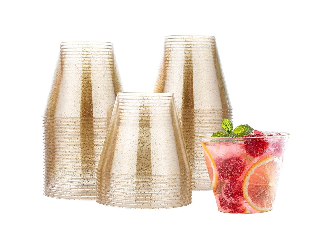 25 Vasos De Plástico Duro Transparente Con Brillo Dorado, Perfectos Para Cócteles Y Champán (270 Ml)