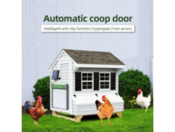 Puerta automática para gallinero con energía solar, temporizador, sensor de luz, control remoto y modo manual.