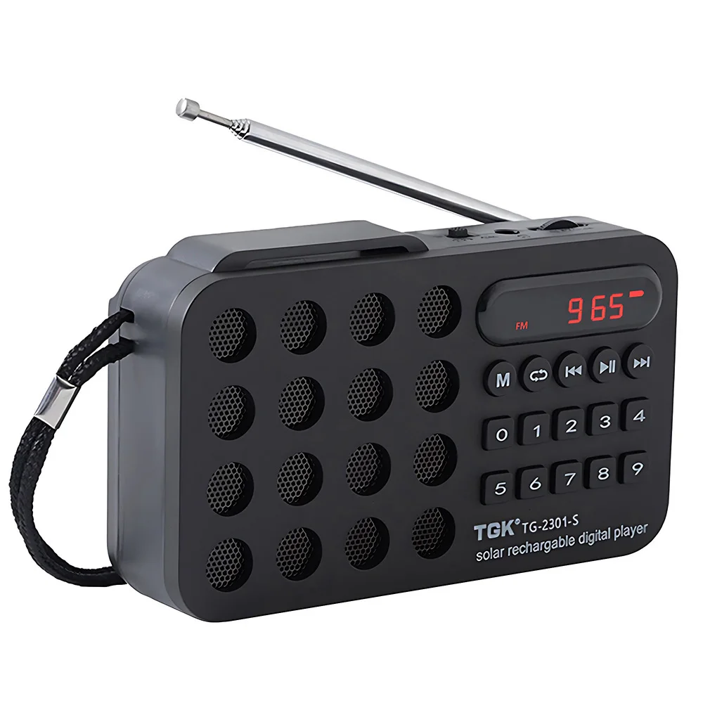 Mini radio FM portátil Viewleaf con carga solar, altavoz inalámbrico, compatible con USB, tarjeta TF, Bluetooth y receptor de radio FM.