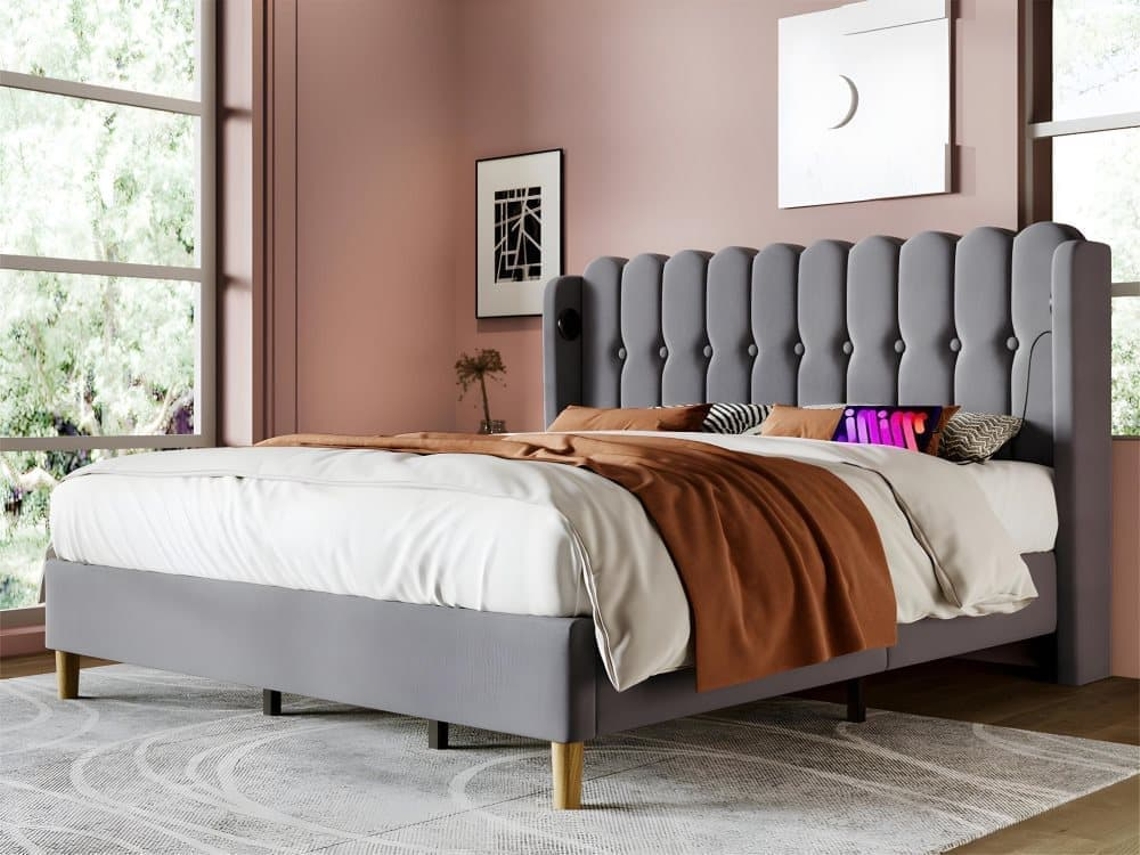 Cama De Lino Acolchada De 180x200 Cm - Con Puertos De Carga Y Somier - Gris