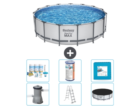 Piscina BESTWAY Round Steel Pro MAX - 457 x 122 cm - Gris - Bomba incluida - Escalera - Cobertor Paquete de mantenimiento - Filtrar - Baldosas