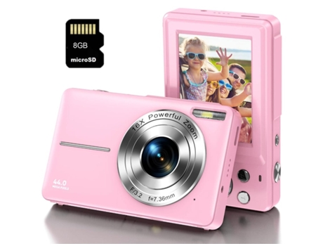 Cámara Digital Compacta Nivel Básico para Regalo De Niños Cámara Fhd 44Mp 16X Zoom 2 Pantalla De 4 Pulgadas 8Gb Rosa VIGA EUROPE Dc403