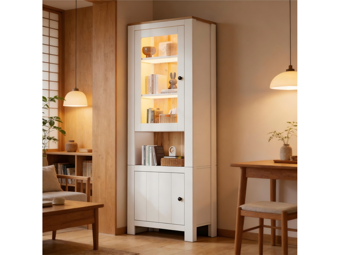 Vitrina De 70x40x188cm, 2 Puertas, 6 Estantes, Led, Color Blanco.