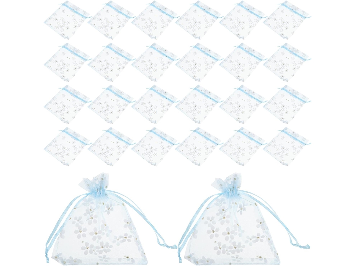 Paquete De 50 Bolsas De Organza Azules Con Cordón Ajustable De 10 X 12 Cm Con Estampado Floral Plateado.