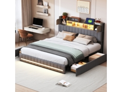 Cama Tapizada 140 X 190 Cm, Cama Doble Con Led, Función De Carga Usb Y 4 Cajones Cabecero Con Espacio De Almacenamiento Beige Lino