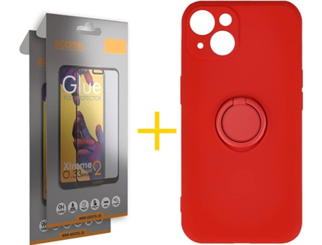 Carcasa + 2 Protectores de Vidrio Full iPhone 13 ACCETEL Gel O-Ring Rojo