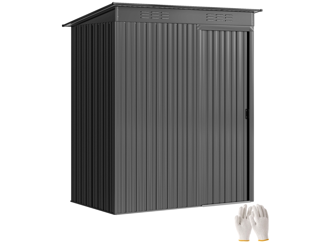 Caseta de jardín metálica con ventilación y puerta corredera, 159x106x181cm, gris oscuro.