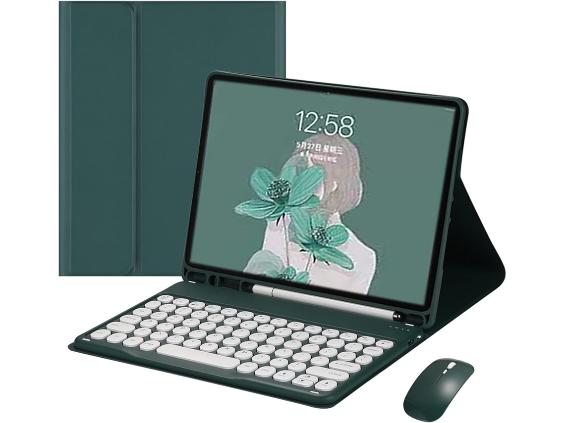 Funda con teclado para iPad 9 (2021), iPad 8 (10,2 pulgadas), iPad 7 (Air 3 Pro) y iPad 10,5 (10,5 pulgadas), con ratón, teclas redondas retro de colores, funda con teclado extraíble.