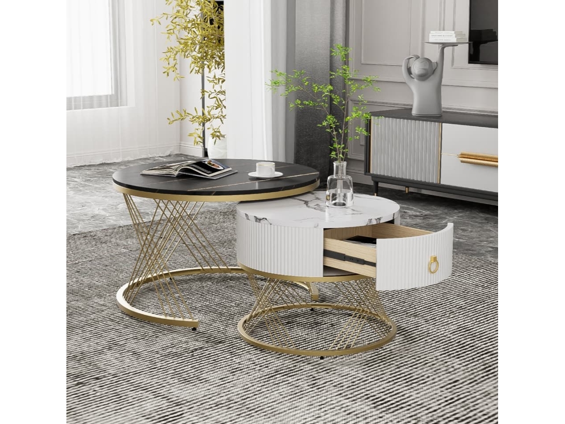 Mesa De Centro Apilable 2 Piezas - Marmoroptik, Decoraciones Doradas, Mesa Auxiliar Con Cajones - Negro