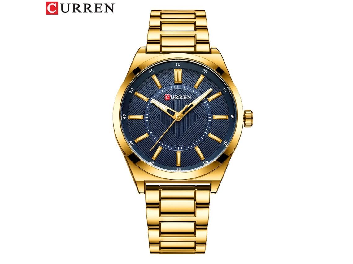 Reloj De Pulsera Redondo Sencillo Para Hombre, Resistente Al Agua, Con Remaches (azul Y Dorado)